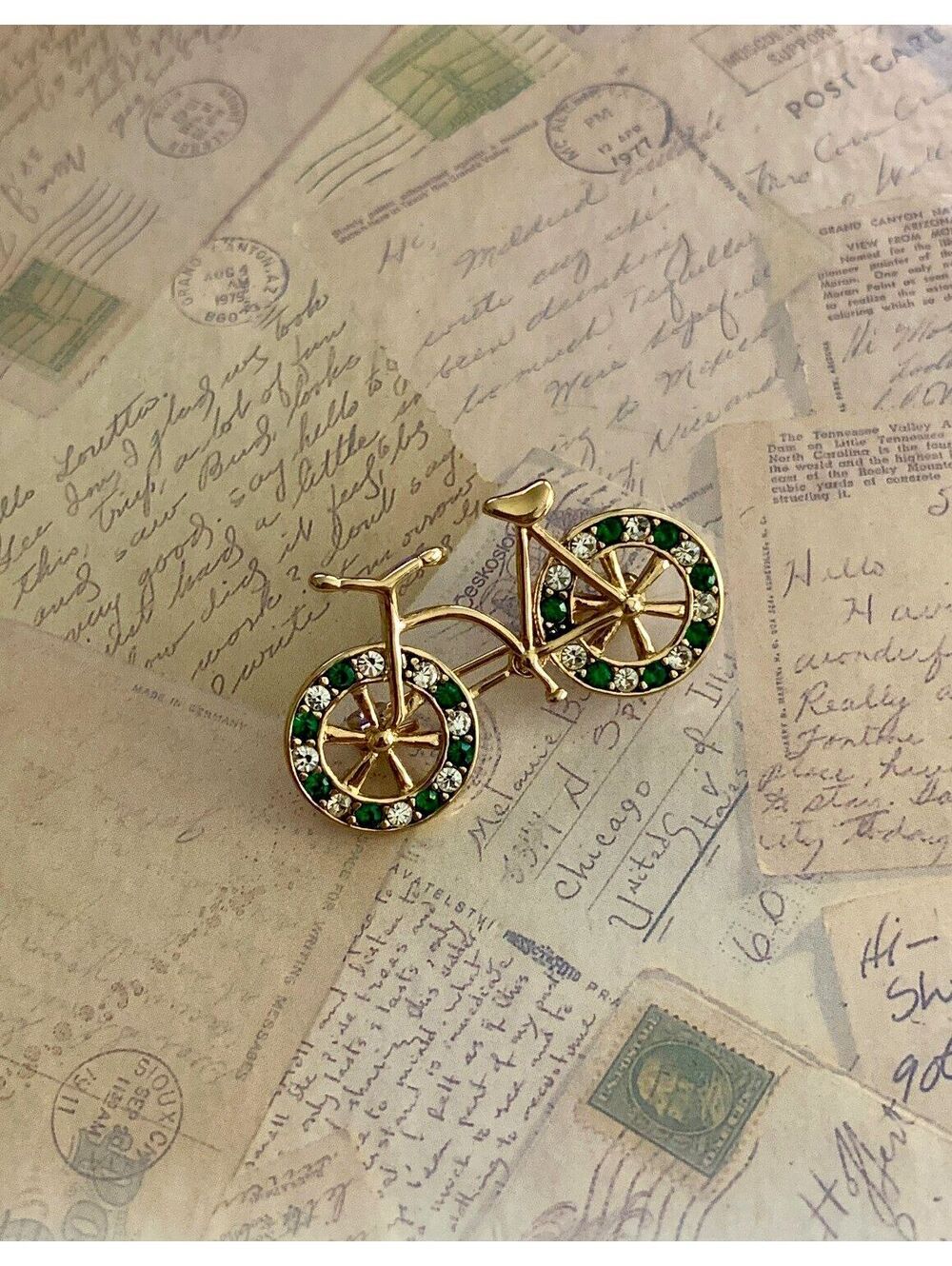 Vintage Sparkling Gold Bicycle Brooch with Green and Clear Rhinestones